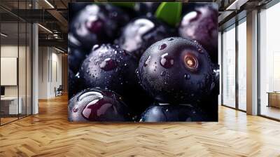 Fresh ripe acai berries with water drops background. Berries backdrop.  Wall mural